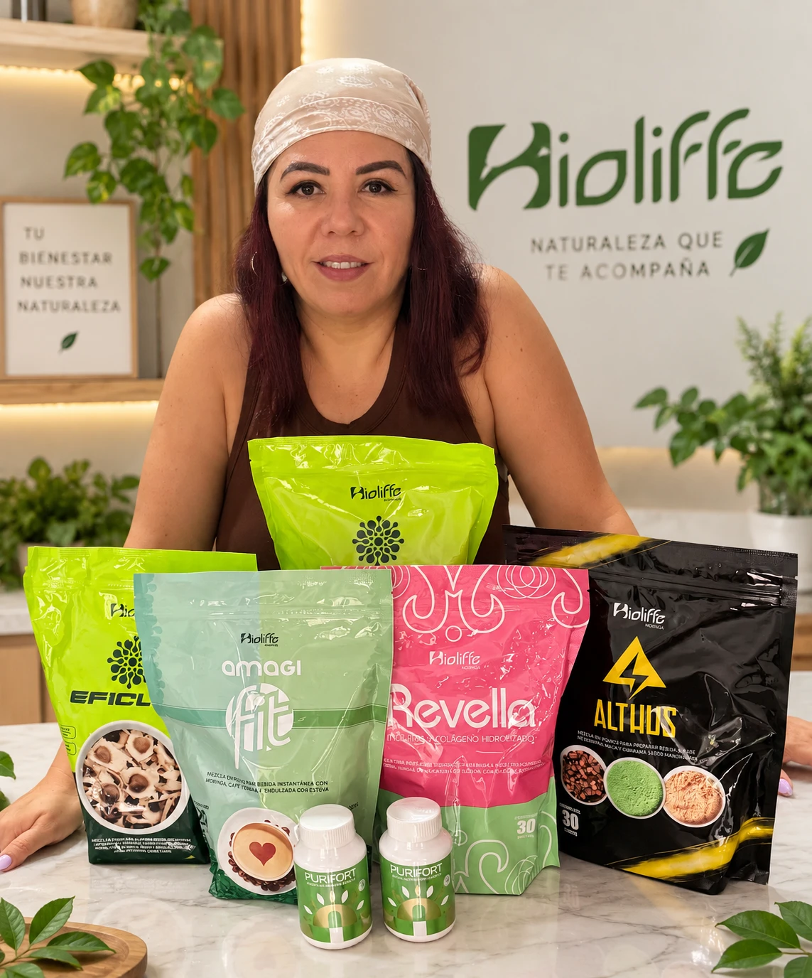 Karina Quesada, de K&E Family Business, con la línea de productos Bioliffe sobre un mostrador.